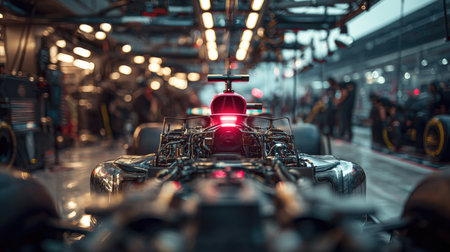 This image showcases a close-up view of a race car positioned in the pit lane, highlighting the intricate details of its design and the bustling activity of mechanics preparing for the race.の素材