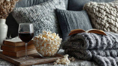 Experience a relaxing evening with a beautifully arranged setup featuring popcorn in a bowl, a glass of wine, an open book, and soft blankets, perfect for unwinding.の素材
