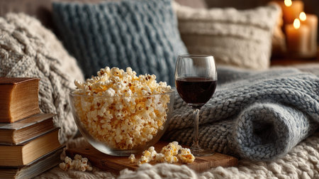 A cozy living room scene featuring a glass of wine, a bowl of popcorn, stacked books, and soft textiles, perfect for a relaxing evening at home.の素材