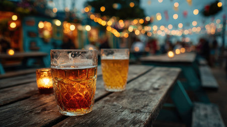 Two glasses of beer rest on a rustic wooden table, surrounded by a warm, inviting atmosphere filled with soft, twinkling lights, perfect for gatherings.の素材