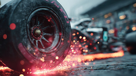 A striking close-up of a racing tire leaving sparks on the wet asphalt, highlighting the intensity of motorsport. The background features a speeding vehicle, encapsulating the spirit of high-speed competition and technological prowess. Perfect for automotive and racing themes.の素材
