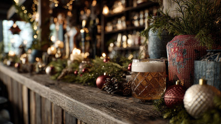 A warm and inviting bar scene capturing the essence of Christmas, featuring festive decorations, a frosted beverage, and soft lighting for a cozy atmosphere.の素材