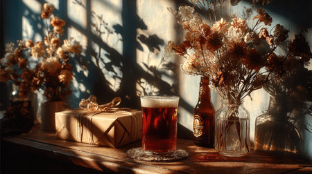 A captivating still life featuring a glass of brown beer beside a gift box and dried flowers. The soft shadows create a cozy atmosphere, perfect for relaxation and celebration.の素材
