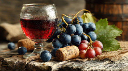 A refreshing glass of red juice sits elegantly on a rustic wooden table, surrounded by fresh grapes, adding a touch of nature's bounty to the scene.の素材