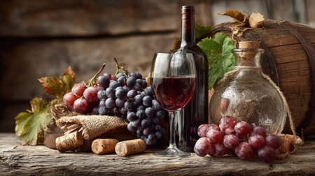 This captivating still life showcases a red wine bottle, a glass filled with wine, and a bountiful array of fresh grapes against a rustic wooden backdrop.の素材