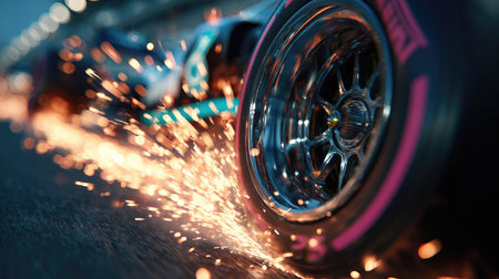 A stunning close-up of a racing car tire generating bright sparks as it grips the asphalt track, capturing the essence of speed and excitement in motorsports.の素材