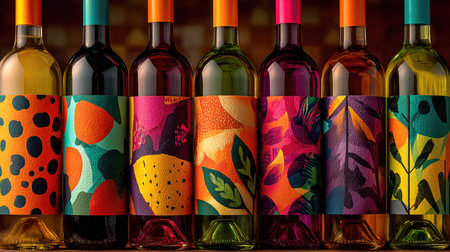 A vibrant collection of wine bottles showcases an array of artistic labels, featuring bold colors and patterns, perfect for adding a modern touch to any setting.の素材