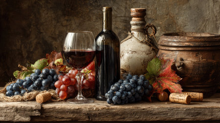 A charming rustic still life featuring a glass of red wine, a bottle, and an array of grapes set against an earthy background, evoking warmth and tradition.の素材