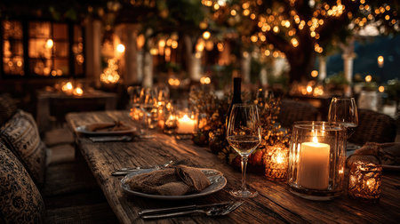 An enchanting outdoor dining scene featuring a beautifully set table illuminated by soft candlelight, perfect for romantic evenings or gatherings.の素材