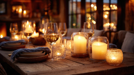 A warm and inviting dinner setting featuring elegant glassware, flickering candles, and a rustic wooden table, perfect for intimate gatherings and celebrations.の素材