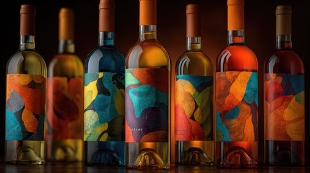 A stunning arrangement of wine bottles featuring vibrant, artistic labels showcases a fusion of colors and designs. Ideal for food and drink themes.の素材
