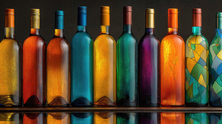 A captivating display of colorful glass bottles in various shapes, showcasing intricate designs and vibrant hues against a dark backdrop for visual impact.の素材