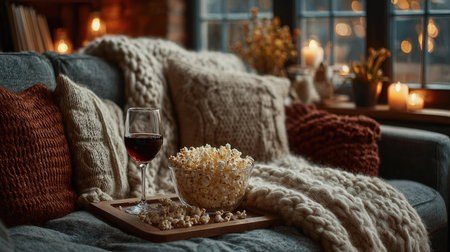 Experience the charm of a cozy living room setup featuring a glass of red wine and a bowl of popcorn. The warm lighting enhances the intimate atmosphere, perfect for a relaxing evening at home. Enjoy the comfort of knitted textures and soft blankets as you unwind in style.の素材