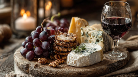 A beautifully arranged gourmet cheese platter featuring different cheese types, accompanied by grapes, nuts, and a glass of red wine. Ideal for gatherings.の素材