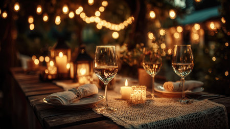 A beautiful outdoor dining setup featuring glasses of white wine, flickering candles, and glowing string lights, creating a romantic atmosphere for gatherings.の素材