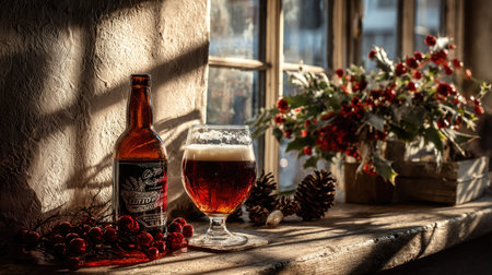 A cozy winter scene featuring an amber beer bottle and glass placed on a rustic table near a window. Natural decorations enhance the inviting atmosphere.の素材