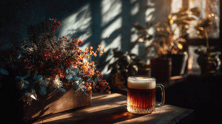 A cozy scene featuring a glass mug of amber beer resting on a rustic wooden table, surrounded by a beautiful flower arrangement and gentle sunlight.の素材