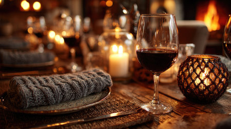 A beautifully arranged dinner table featuring a glass of red wine, flickering candles, and textured decor creating a warm and inviting atmosphere perfect for gatherings.の素材