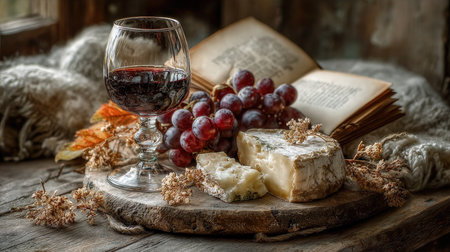 A captivating still life arrangement featuring cheese, red wine, fresh grapes, and an open book on a rustic wooden table, evoking a cozy, inviting atmosphere.の素材
