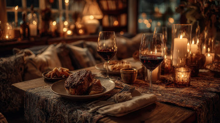 A beautifully set dinner table featuring a delicious beef steak, elegant red wine glasses, and soft candlelight, creating a cozy and romantic atmosphere for any evening.の素材