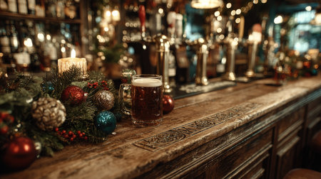 A cozy bar showcasing a festive atmosphere, decorated for the holidays, featuring a pint of beer on a rustic wooden counter with decorative ornaments.の素材