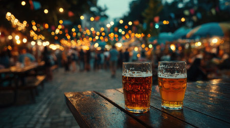 Two glasses of beer sit on a wooden table with a blurred background of festive lights and people enjoying an outdoor event, creating a vibrant atmosphere.の素材