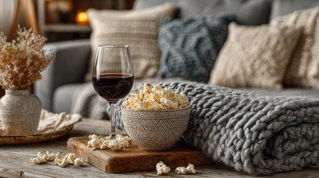 A warm and inviting living room scene featuring a bowl of popcorn, a glass of red wine, and a soft blanket on a rustic wooden table, perfect for relaxation.の素材