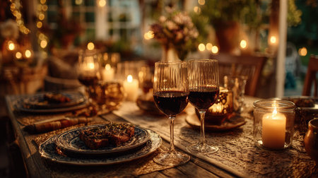 A beautifully arranged dinner table featuring wine glasses, candles, and elegant tableware, creating a cozy and romantic atmosphere for an evening gathering.の素材
