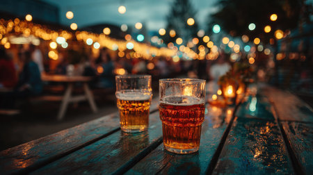 Enjoy a cozy outdoor gathering featuring refreshing drinks on a wooden table, illuminated by glowing string lights, creating a festive atmosphere.の素材