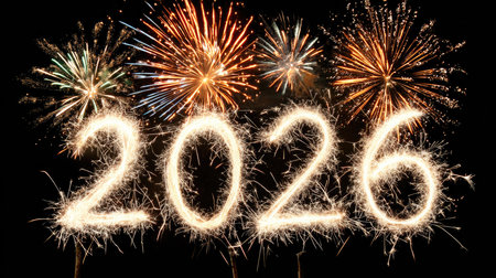 A stunning fireworks display illuminates the night sky, forming the year 2026 in sparkling light. This vibrant scene captures the joy and excitement of New Year celebrations.の素材