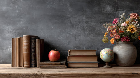 A charming still life composition featuring vintage books, a bright red apple, a globe, and fresh flowers on a wooden table, ideal for educational themes.の素材