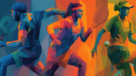 This captivating abstract artwork showcases athletes engaged in an energetic tennis match. The colorful geometric shapes and dynamic poses convey motion and intensity, perfect for sports and fitness themes.の素材