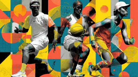 Eye-catching illustration of athletes in motion, showcasing basketball, tennis, and running in a vibrant, colorful design with geometric patterns.の素材