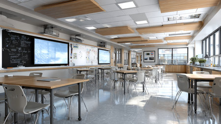 A bright and modern classroom featuring spacious desks, ergonomic chairs, and ample natural light, perfect for creative and engaging learning experiences.の素材