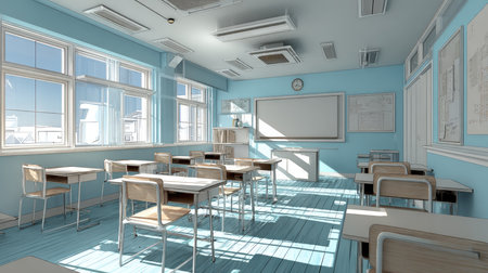 A vibrant and modern classroom featuring bright blue walls and abundant natural light. Ideal for illustrating innovative learning environments.の素材