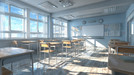 A bright and spacious classroom featuring wooden desks and chairs bathed in natural light, creating an inspiring learning environment.の素材