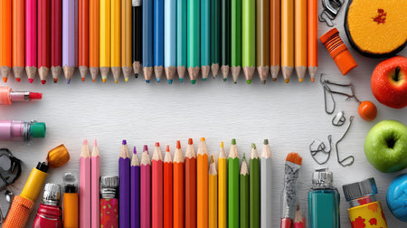 A vibrant array of colorful pencils, markers, and craft supplies arranged beautifully on a wooden background, perfect for artistic projects and creativity.の素材