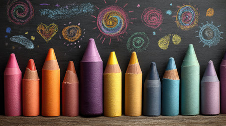 A vibrant arrangement of colorful crayons showcases artistic potential against a textured black background, featuring decorative chalk drawings and swirls.の素材