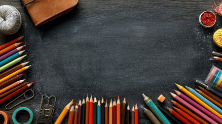 A vibrant assortment of art supplies including colored pencils, yarn, and tools arranged on a dark wooden surface, perfect for creative projects.の素材