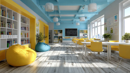 A vibrant and modern classroom designed for student engagement, featuring colorful furniture, large windows for natural light, and organized learning spaces.の素材