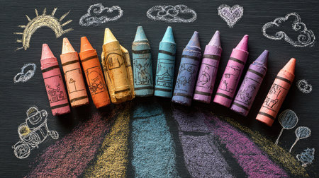 This vibrant image displays a collection of colorful crayons and drawings on a chalkboard background. It represents creativity and imaginative play for children.の素材