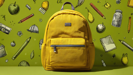 A vibrant yellow backpack stands prominently against a lively green background filled with sketches of school supplies, ideal for education and fashion contexts.の素材