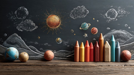 This captivating image features vibrant crayons lined up against a chalkboard adorned with cosmic drawings, inspiring creativity and learning.の素材