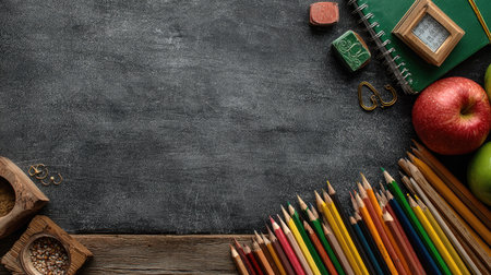 A flat lay arrangement of vibrant colored pencils, fresh fruits, and stationery items on a textured black chalkboard surface, perfect for educational themes and creativity.の素材