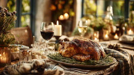 A beautifully arranged Thanksgiving dinner featuring a golden roasted turkey, a glass of red wine, and inviting decor that creates a warm and festive atmosphere.の素材