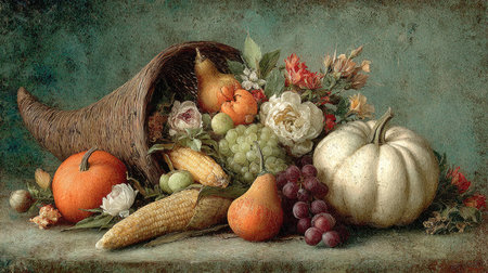 A captivating still life showcasing a cornucopia filled with a variety of fresh produce, flowers, and a white pumpkin against a textured backdrop.の素材