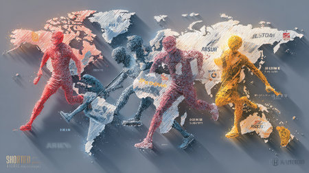This vibrant artwork features silhouettes of athletes running across a textured world map. The colorful shades and dynamic shadows convey energy and competition, symbolizing global fitness and the spirit of movement.の素材