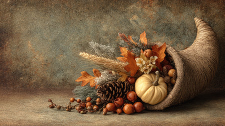 A beautifully arranged cornucopia showcasing pumpkins, pinecones, and autumn leaves, perfect for Thanksgiving celebrations and seasonal decor.の素材