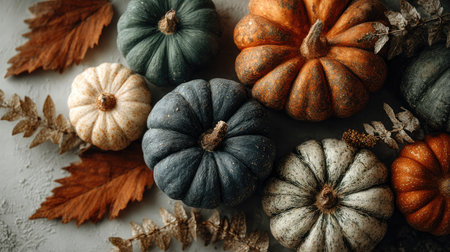 A captivating assortment of decorative pumpkins in various colors, complemented by warm autumn leaves, perfect for seasonal decorations and fall celebrations.の素材