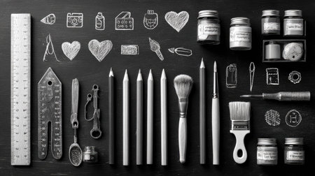 A visually appealing arrangement of art supplies including brushes, pencils, jars, and tools on a dark background, perfect for inspiring creativity.の素材